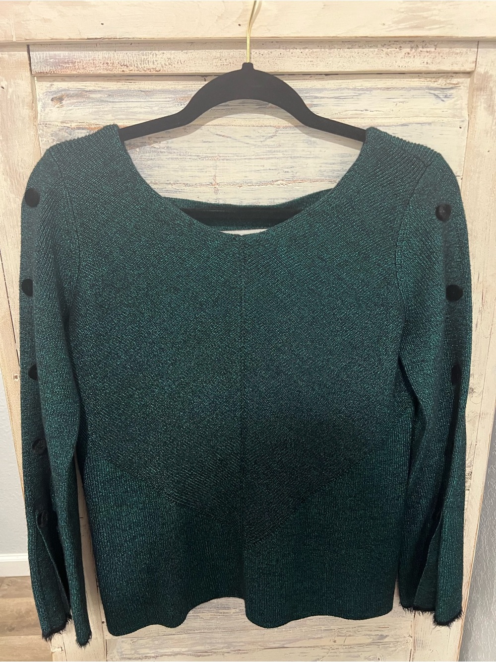 NIC+ZOE Womens M Emerald Green Shimmer Sweater V Neck Button Sleeve Metallic